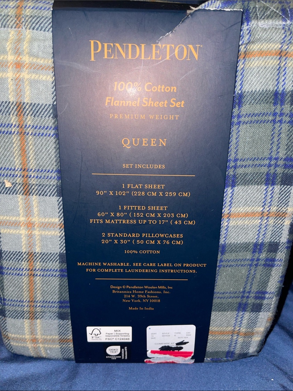 Pendleton Blue and Tan Plaid Cotton Flannel Sheet Set - Picture 4 of 4